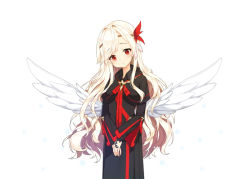Rule 34 | 1girl, absurdly long hair, angel wings, player character (mabinogi), bad id, bad pixiv id, blonde hair, blush, character request, closed mouth, long hair, long sleeves, looking at viewer, mabinogi, red eyes, simple background, solo, tp (kido 94), very long hair, white background, wings