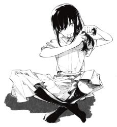 Rule 34 | 1girl, black hair, chainsaw man, dress, greyscale, hair over one eye, hair tie in mouth, highres, looking at viewer, medium hair, monochrome, mouth hold, nayuta (chainsaw man), ringed eyes, simple background, sitting, solo, tuzaixia, tying hair, white background