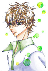 Rule 34 | 1boy, brown hair, closed mouth, clothes, code geass, from side, green eyes, highres, kou (suzalulu), kururugi suzaku, looking at viewer, male focus, profile, serious, simple background, solo, upper body, v-shaped eyebrows, white background