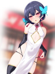 Rule 34 | 1girl, alternate costume, bare shoulders, black hair, blurry, blurry background, breasts, bridal gauntlets, butterfly hair ornament, china dress, chinese clothes, clothing cutout, covered navel, dress, hair ornament, highres, idolmaster, idolmaster shiny colors, looking at viewer, morino rinze, okuri banto, red eyes, short hair, small breasts, solo, thighs, white dress