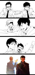 Rule 34 | 2boys, annoyed, back turned, black eyes, black hair, comic, fighting, food, fullmetal alchemist, glasses, happy, hat, heart, highres, looking at another, looking away, maes hughes, male focus, military, military uniform, monochrome, multiple boys, necktie, open mouth, out of frame, panels, photo (object), pie, plate, roy mustang, saka (724596338), salute, short hair, simple background, smile, uniform, white background