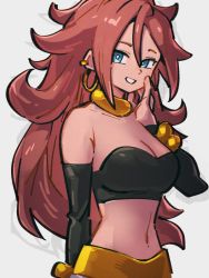 Rule 34 | 1girl, android 21, bare shoulders, black sleeves, blue eyes, breasts, choker, cleavage, detached sleeves, dragon ball, dragon ball fighterz, earrings, grey background, hoop earrings, jewelry, kemachiku, long hair, looking at viewer, majin android 21, medium breasts, midriff, navel, red hair, simple background, smile, solo, yellow choker