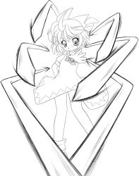 Rule 34 | 1girl, cirno, greyscale, looking at viewer, monochrome, open mouth, short hair, simple background, smile, solo, sou ryuu, touhou, vectors, white background