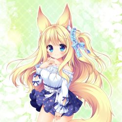 Rule 34 | 1girl, animal ear fluff, animal ears, bad id, bad pixiv id, bare shoulders, blonde hair, blue bow, blue eyes, blue scrunchie, blue skirt, blush, bow, breasts, closed mouth, collarbone, fingernails, floral print, green background, hair between eyes, hair bow, hair ornament, hair scrunchie, hand up, highres, long hair, long sleeves, looking at viewer, md5 mismatch, medium breasts, off-shoulder shirt, off shoulder, one side up, print skirt, ryuuka sane, scrunchie, shirt, skirt, sleeves past wrists, smile, solo, sophia (wakaba iro no quartet), tail, very long hair, wakaba iro no quartet, white shirt