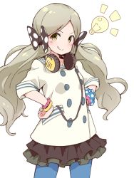 Rule 34 | 1girl, :q, black bow, blue pantyhose, blue scrunchie, blush, bow, bracelet, brown skirt, closed mouth, forehead, green eyes, grey hair, hair bow, handa roco, headphones, headphones around neck, idolmaster, idolmaster million live!, jewelry, light bulb, long hair, notice lines, pantyhose, parted bangs, pleated skirt, polka dot, polka dot bow, polka dot scrunchie, scrunchie, shirt, short sleeves, simple background, skirt, smile, solo, tadanoshi kabane, tongue, tongue out, v-shaped eyebrows, very long hair, white background, white shirt, wrist scrunchie