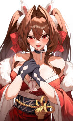 Rule 34 | 1girl, :d, absurdres, alternate costume, animal ears, bare shoulders, black choker, black gloves, blush, breasts, brown hair, choker, commentary request, crossed bangs, daiwa scarlet (umamusume), ear covers, earmuffs, fake animal ears, full body, fur shawl, gloves, hair intakes, hair ribbon, hands up, highres, holding, holding paper, japanese clothes, kimono, large breasts, long hair, looking at viewer, obi, obijime, off shoulder, omikuji, open mouth, own hands together, paper, rabbit ears, red eyes, red kimono, red ribbon, ribbon, sash, shawl, simple background, sleeves past elbows, smile, solo, teeth, tsumiki (12756023), twintails, umamusume, very long hair, white background, wide sleeves