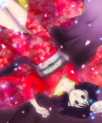 Rule 34 | 1girl, bad id, bad pixiv id, bare legs, black eyes, black hair, breasts, cherry blossoms, cleavage, coppelion, floral print, from above, hair spread out, hand on own head, japanese clothes, kimono, looking at viewer, lying, medium breasts, on back, pale skin, patterned, red kimono, solo, sparkle, thighs, tsuburaya mana, upside-down, wakanu
