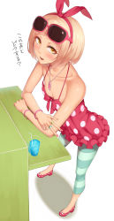 Rule 34 | 1girl, absurdres, bad id, bad pixiv id, bare shoulders, blonde hair, blush, bracelet, breasts, cleavage, dress, eyewear on head, glass, hairband, highres, jewelry, kate (alice catharsis), looking at viewer, necklace, no socks, open mouth, original, polka dot, polka dot dress, polka dot footwear, ring, shoes, short hair, sleeveless, sleeveless dress, small breasts, solo, sunglasses, translated, water, yellow eyes