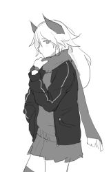 Rule 34 | 1girl, absurdres, closed mouth, from side, greyscale, hand in pocket, highres, horns, jacket, long hair, long sleeves, looking at viewer, looking to the side, milim nova, miniskirt, monochrome, open clothes, open jacket, original, scarf, sideways glance, simple background, skirt, solo, sweater, white background