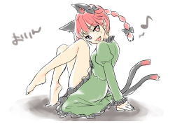 Rule 34 | 1girl, :d, animal ears, arm support, barefoot, bow, braid, cat ears, dress, extra ears, green dress, kaenbyou rin, knees up, looking at viewer, monrooru, open mouth, pointy ears, red eyes, red hair, sketch, smile, solo, touhou, twin braids