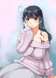 Rule 34 | 1girl, aran sweater, artist name, bare shoulders, black hair, breasts, brown eyes, cable knit, cleavage, collarbone, hair ornament, hairclip, hand on own face, highres, huge breasts, kantai collection, kantori, lips, long hair, looking at viewer, lying, on side, parted lips, signature, solo, sweater, thighs, ushio (kancolle), valentine