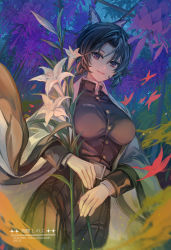 Rule 34 | 1girl, belt, black hair, breasts, butterfly hair ornament, buttons, flower, hair ornament, high-waist pants, highres, japanese clothes, kappo, kimetsu no yaiba, kimono, kochou shinobu, large breasts, long sleeves, looking at viewer, military, military uniform, night, open clothes, open mouth, pants, purple eyes, smile, solo, uniform, white kimono, wide sleeves, wisteria
