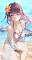 Rule 34 | 1girl, absurdres, alternate costume, armpit crease, bare shoulders, beach, bikini, breasts, cleavage, collarbone, commentary, electro symbol (genshin impact), eyeliner, feet out of frame, flower, genshin impact, hair flower, hair ornament, highres, jewelry, large breasts, long hair, looking at viewer, low-braided long hair, low-tied long hair, makeup, mitsudomoe (shape), mole, mole under eye, navel, necklace, ocean, partially submerged, purple eyes, purple hair, raiden shogun, red bikini, red eyeliner, sazanami (re n rentaro), see-through, see-through shirt, shirt, shirt partially removed, side-tie bikini bottom, sidelocks, signature, sitting, solo, stomach, swimsuit, tomoe (symbol), triangle mouth, very long hair, wet, white shirt
