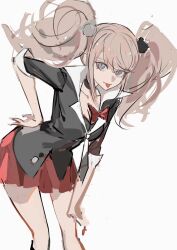 Rule 34 | 1girl, binxngchng1, black necktie, black shirt, blonde hair, breasts, cleavage, collarbone, danganronpa: trigger happy havoc, danganronpa (series), enoshima junko, feet out of frame, hand up, highres, large breasts, leaning forward, long hair, miniskirt, necktie, red skirt, shirt, short sleeves, sketch, skirt, solo, standing, tongue, tongue out, twintails, white necktie, white shirt