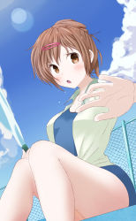 Rule 34 | 10s, 1girl, brown eyes, brown hair, chuunibyou demo koi ga shitai!, cloud, day, fence, hair ornament, hair up, hairclip, hose, looking at viewer, nibutani shinka, one-piece swimsuit, open mouth, outstretched hand, peanuts (ennuim), pool, school swimsuit, sitting, solo, swimsuit, water, wet