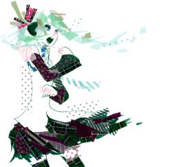 Rule 34 | aqua hair, collage, detached sleeves, hatsune miku, long hair, skirt, solo, syoring, thighhighs, traditional media, vocaloid, white background, white theme