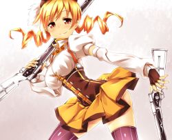Rule 34 | 10s, 1girl, bad id, bad pixiv id, beret, blonde hair, corset, detached sleeves, drill hair, dual wielding, fingerless gloves, gloves, gun, hat, highres, holding, long hair, magical girl, magical musket, mahou shoujo madoka magica, mahou shoujo madoka magica (anime), pleated skirt, puffy sleeves, red eyes, skirt, smile, socks, solo, striped clothes, striped socks, striped thighhighs, takabow, thighhighs, tomoe mami, twin drills, twintails, vertical-striped clothes, vertical-striped thighhighs, weapon