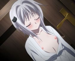 Rule 34 | 10s, 1girl, blush, breasts, closed eyes, high school dxd, long hair, nipples, small breasts, solo, standing, stitched, third-party edit, toujou koneko, white hair