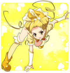 Rule 34 | 00s, 1girl, arm support, bent over, blonde hair, blush, boots, cone hair bun, cure lemonade, detached sleeves, dress, gloves, hair bun, kantoku, kasugano urara (yes! precure 5), leg lift, long hair, magical girl, open mouth, orange eyes, precure, skirt, solo, thighhighs, twintails, yellow background, yellow skirt, yellow theme, yellow thighhighs, yes! precure 5