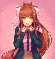 Rule 34 | 1girl, :d, absurdres, backpack, bag, blush, bow, brown skirt, commentary, cosplay, danganronpa (series), danganronpa 2: goodbye despair, doki doki literature club, dress shirt, english commentary, galaga, green eyes, green jacket, hair bow, hair ornament, hands up, highres, jacket, long hair, miniskirt, monika (doki doki literature club), nanami chiaki, nanami chiaki (cosplay), neck ribbon, open clothes, open jacket, open mouth, pink background, pink bag, pleated skirt, ribbon, shirt, shirt tucked in, skirt, smile, sparkle, sushimassacre, teeth, upper teeth only