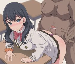 Rule 34 | 1boy, 1girl, age difference, arm support, ass, bar censor, bent over, black hair, blue eyes, blush, bow, breasts, buttjob, censored, classroom, closed mouth, clothed female nude male, clothes lift, dark skin, desk, fat, fat man, gridman universe, highres, imminent penetration, long hair, long sleeves, looking at viewer, male pubic hair, nude, on desk, panties, penis, pleated skirt, pubic hair, school desk, school uniform, scrunchie, skirt, skirt lift, solo focus, ssss.gridman, takarada rikka, thong, underwear, verseir 001, wrist scrunchie