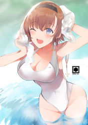 Rule 34 | 1girl, absurdres, blue eyes, blush, breasts, brown hair, cleavage, collarbone, competition swimsuit, covered navel, drying, drying hair, fujiyama ichiha, hair ornament, headband, highres, kantai collection, large breasts, looking at viewer, one-piece swimsuit, one eye closed, open mouth, propeller hair ornament, solo, swimsuit, teruzuki (kancolle), towel, twintails, white one-piece swimsuit, white towel