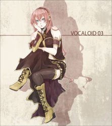 Rule 34 | bad id, bad pixiv id, blue eyes, boots, head rest, knee boots, long hair, megurine luka, moirae, pink hair, shadow, sitting, solo, thighhighs, vocaloid
