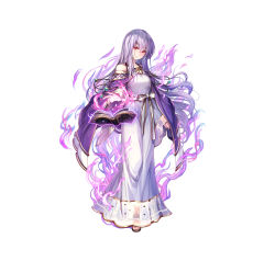 Rule 34 | 1girl, absurdres, aura, bare shoulders, book, breasts, cape, chachie, circlet, dark aura, dark persona, dress, feet, fire emblem, fire emblem: genealogy of the holy war, fire emblem heroes, floating, floating object, full body, hair ornament, highres, holding, holding book, jewelry, julia (fire emblem), long dress, long hair, long sleeves, looking at viewer, medium breasts, nintendo, official art, open book, parted lips, purple cape, purple eyes, purple hair, red eyes, sandals, see-through, simple background, solo, standing, toeless footwear, toenails, toes, very long hair, white background, wide sleeves