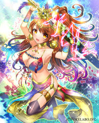 Rule 34 | 1girl, armpits, arms up, bikini, bikini top only, black thighhighs, breasts, brown hair, cleavage, collar, company name, electricity, eyebrows, fuji minako, garter straps, gradient hair, high heels, holding, holding weapon, jewelry, large breasts, leg up, long hair, looking at viewer, multicolored hair, navel, official art, open mouth, pendant, ponytail, solo, sparkle, swimsuit, sword, thighhighs, unmei no clan battle, weapon, yellow eyes