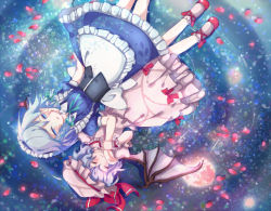 Rule 34 | 2girls, apron, bat wings, blue eyes, enone, closed eyes, female focus, from above, full moon, holding hands, hand on another&#039;s cheek, hand on another&#039;s face, hat, izayoi sakuya, light purple hair, lying, maid, maid apron, maid headdress, moon, multiple girls, no nose, petals, reflection, remilia scarlet, short hair, smile, touhou, water, wings, wrist cuffs, yuri