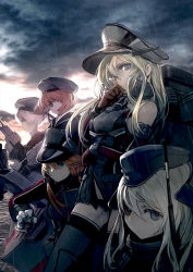 Rule 34 | 10s, 5girls, anchor hair ornament, armor, bad id, bad pixiv id, bismarck (kancolle), blonde hair, blue eyes, breastplate, brown gloves, brown hair, clothes writing, cloud, cloudy sky, cross, detached sleeves, dress, garrison cap, gloves, grey eyes, hair ornament, hat, iron cross, kantai collection, kokosando, kriegsmarine, long hair, looking at viewer, looking away, machinery, military, military hat, military uniform, multiple girls, ocean, peaked cap, prinz eugen (kancolle), rain, sailor dress, sailor hat, short hair, silver hair, sky, thighhighs, turret, twintails, u-511 (kancolle), uniform, z1 leberecht maass (kancolle), z3 max schultz (kancolle)