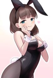 Rule 34 | 1girl, animal ears, black leotard, black pantyhose, blue eyes, blush, breasts, brown hair, cleavage, closed mouth, dot nose, fake animal ears, fake tail, gradient background, hairband, hand on own chest, hand on own face, heart, highres, idolmaster, idolmaster cinderella girls, idolmaster cinderella girls starlight stage, leotard, looking at viewer, medium breasts, pantyhose, pink background, playboy bunny, rabbit ears, rabbit tail, sakuma mayu, sakura ran, short hair, smile, solo, standing, tail, wrist cuffs