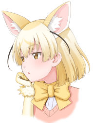 Rule 34 | 10s, 1girl, animal ears, bad id, bad pixiv id, blonde hair, bow, bowtie, brown eyes, extra ears, fennec (kemono friends), fox ears, fur trim, gloves, hand on own chin, kemono friends, looking to the side, pink sweater, short hair, simple background, solo, sweater, takatsuki nao, white background, yellow bow, yellow bowtie, yellow gloves