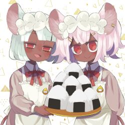 Rule 34 | 2girls, animal ears, apron, blush, closed mouth, collared dress, daikokuten (fate), dark-skinned female, dark skin, dress, fate/grand order, fate (series), food, grey dress, hairband, half-closed eyes, highres, holding, holding tray, lolita hairband, looking at viewer, mouse ears, mouse girl, mouse tail, multiple girls, neck ribbon, onigiri, open mouth, pink hair, red eyes, red ribbon, ribbon, shiraisado cochi, short hair, simple background, smile, tail, tray, twintails, upper body, white apron, white background, white hair