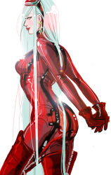Rule 34 | 1girl, alternate hair length, alternate hairstyle, arms behind back, ass, bayonetta (series), bayonetta 2, blue eyes, bodysuit, boots, drawfag, earrings, goggles, goggles on head, highres, jeanne (bayonetta), jewelry, lipstick, long hair, makeup, red footwear, red thighhighs, renandrews, silver hair, simple background, solo, thigh boots, thighhighs, zipper