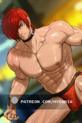 Rule 34 | 1boy, abs, bara, briefs, bulge, covered penis, cowboy shot, dutch angle, hair over one eye, hydaria, large pectorals, legs apart, looking at viewer, male focus, male underwear, muscular, muscular male, navel, nipples, paid reward available, pectorals, red hair, shiny skin, short hair, sidelocks, smile, solo, standing, stomach, the king of fighters, topless male, underwear, watermark, yagami iori