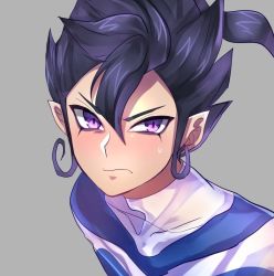 Rule 34 | 10s, 1boy, bad id, bad pixiv id, blue hair, earth eleven, face, grey background, inazuma eleven (series), inazuma eleven go, inazuma eleven go galaxy, looking at viewer, maian, maianh, male focus, manuuba gibutsu, pointy ears, purple eyes, simple background, soccer uniform, solo, sportswear