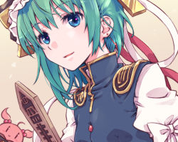 Rule 34 | 1girl, ahoge, asymmetrical hair, blue eyes, blue vest, blush, breasts, character doll, commentary request, earrings, epaulettes, eyelashes, gold trim, green hair, hair bobbles, hair ornament, hat, hat ribbon, jewelry, kitsune maru, looking at viewer, medium breasts, onozuka komachi, parted lips, pink pupils, red button, red ribbon, ribbon, rod of remorse, shiki eiki, shirt, solo, touhou, vest, white ribbon, white shirt