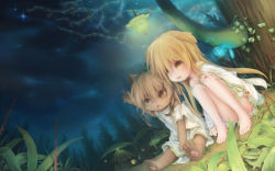 Rule 34 | 2girls, animal ears, bare legs, barefoot, blonde hair, brown eyes, brown hair, child, collarbone, dress, fang, furry, furry female, grass, hand on own knee, highres, lantern, light, long hair, looking up, manahui, multiple girls, night, off shoulder, on ground, open mouth, original, plant, pointing, short hair, sitting, sky, star (sky), starry sky, tree, vines, yellow eyes