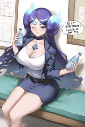 Rule 34 | ;), among us, belt collar, black jacket, black skirt, bottle, breasts, brighid (xenoblade), burnt green tea, cleavage, collar, commentary, core crystal (xenoblade), english commentary, english text, fiery hair, highres, indoors, jacket, large breasts, long hair, looking at viewer, office lady, on bench, one eye closed, open clothes, open jacket, parted bangs, parted lips, pencil skirt, purple hair, shirt, sitting, skirt, smile, speech bubble, twitter username, water bottle, white shirt, xenoblade chronicles (series), xenoblade chronicles 2