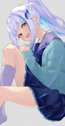 Rule 34 | 1girl, :d, absurdres, blue cardigan, blue hair, blue serafuku, blue shirt, blue skirt, braid, cardigan, commentary request, feet out of frame, grey background, hair ornament, highres, knee up, kneehighs, kobayuu, lize helesta, long hair, looking at viewer, multicolored hair, nijisanji, no shoes, open cardigan, open clothes, open mouth, pleated skirt, ponytail, red eyes, ribbed legwear, sailor collar, school uniform, serafuku, shirt, simple background, sitting, skirt, smile, socks, solo, streaked hair, virtual youtuber, white hair, white sailor collar, white socks