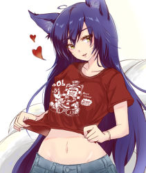 Rule 34 | 1girl, ahri (league of legends), akira b, animal ears, blouse, breasts, clothes lift, collarbone, english text, fox ears, fox tail, heart, league of legends, midriff, multiple tails, navel, red shirt, shirt, shirt lift, simple background, solo, tail, white background, yellow eyes