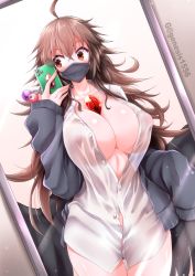 Rule 34 | 1girl, absurdres, ahoge, alternate breast size, blush, breasts, brown eyes, brown hair, buttons, cardigan, cellphone, cleavage, collarbone, covered erect nipples, covered mouth, cowboy shot, dress shirt, g (genesis1556), hair between eyes, highres, holding, holding phone, huge breasts, long hair, long sleeves, looking at object, mask, mirror, mouth mask, no bra, no pants, open cardigan, open clothes, panties, partially unbuttoned, phone, red eyes, reiuji utsuho, see-through, selfie, shiny skin, shirt, sleeves past wrists, slit pupils, smartphone, solo, stomach, thigh gap, third eye, touhou, twitter username, underwear, very long hair, white shirt