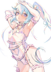 Rule 34 | 1boy, armpits, arms up, bare shoulders, belt buckle, blue hair, bow, bowtie, buckle, bulge, clothing cutout, collar, commentary request, cowboy shot, cross pasties, detached collar, detached sleeves, elbow gloves, expressionless, frilled collar, frilled one-piece swimsuit, frilled sleeves, frilled thighhighs, frills, garter straps, gloves, hair between eyes, hair ribbon, heart cutout, highres, long hair, looking at viewer, male focus, navel, navel cutout, one-piece swimsuit, original, paid reward available, parted lips, pasties, purple eyes, ribbon, sex toy, simple background, solo, sweat, swimsuit, testicle peek, thick eyebrows, thighhighs, traditional bowtie, trap, twintails, very long hair, vibrator, vibrator in thighhighs, wet, white background, white gloves, white one-piece swimsuit, yellow bow, yellow bowtie, yellow ribbon, yoruhachi