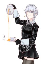 Rule 34 | 1girl, absurdres, alternate costume, apron, black gloves, black shirt, black skirt, black thighhighs, blue eyes, bow, braid, commentary, commentary request, cup, decantering, dress, failure, gloves, hair bow, highres, hound (ddda3110), izayoi sakuya, maid, maid headdress, one eye closed, partially fingerless gloves, pouring, saucer, shirt, short hair, silver hair, simple background, skirt, solo, spilling, striped clothes, striped shirt, tea, tea set, teacup, teapot, thighhighs, touhou, twin braids, white background, you&#039;re doing it wrong, zettai ryouiki