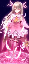 Rule 34 | 1girl, ahoge, black thighhighs, blonde hair, boots, bridal garter, card, detached sleeves, dress, earrings, closed eyes, fate/kaleid liner prisma illya, fate (series), feathers, frilled skirt, frills, gloves, hair ribbon, illyasviel von einzbern, jewelry, kuruwa223, long hair, magic, magic circle, magical girl, necktie, pink dress, pink footwear, pink ribbon, pink sleeves, prisma illya, ribbon, skirt, smile, solo, star (sky), thigh boots, thigh strap, thighhighs, wand, white gloves