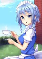 Rule 34 | 1girl, aqua hair, blue eyes, braid, breasts, brick wall, bush, commentary request, cup, fingernails, from side, grass, highres, holding, holding cup, holding plate, izayoi sakuya, looking at viewer, maid, maid headdress, medium breasts, open mouth, outdoors, plate, sitting, solo, steam, tattuuy, tea, teacup, touhou, twin braids