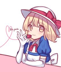 Rule 34 | 1girl, apron, back bow, blonde hair, blue dress, bow, closed mouth, commentary request, dress, elbow gloves, food, frills, fruit, gloves, hat, hat bow, heart, highres, kana anaberal, puffy short sleeves, puffy sleeves, red bow, short hair, short sleeves, simple background, smile, strawberry, sun hat, touhou, touhou (pc-98), twitter username, white apron, white background, white gloves, white hat, yadoyuki, yellow eyes