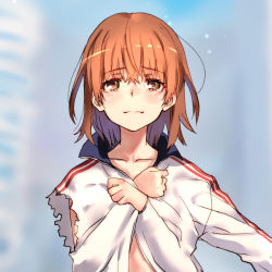 Rule 34 | 1girl, blurry, blurry background, blush, brown eyes, brown hair, closed mouth, commentary request, crossed arms, day, depth of field, jacket, long sleeves, looking at viewer, misaka mikoto, naked jacket, open clothes, open jacket, outdoors, raika9, solo, standing, toaru kagaku no railgun, toaru majutsu no index, torn clothes, torn jacket, track jacket, upper body, white jacket