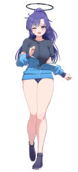 Rule 34 | 1girl, absurdres, black footwear, black shirt, blue archive, blue eyes, blue jacket, blush, breasts, buruma, commentary, full body, halo, high ponytail, highres, jacket, knees together feet apart, large breasts, long hair, long sleeves, looking at viewer, one eye closed, open mouth, pizzasi, purple hair, shirt, short sleeves, solo, striped clothes, striped jacket, sweat, thighs, track jacket, vertical-striped clothes, vertical-striped jacket, yuuka (blue archive), yuuka (track) (blue archive), zipper pull tab